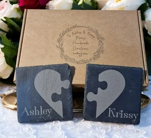 Personalised Jigsaw Heart Slate Coasters, Wedding Gifts, Valentines gift, xmas - Picture 1 of 7