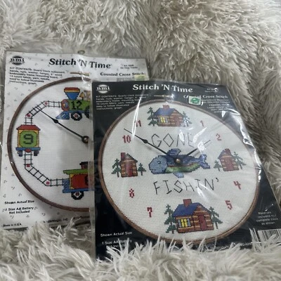 (2) VTG Stitch 'N Time 5953 On Time Tracks 923 Gone Fishin’ Cross Stitch Clock - Image 1 of 4