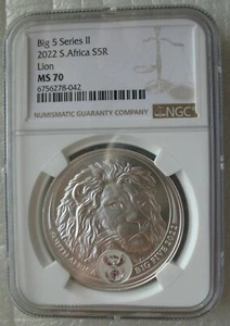 South Africa R5 2022 Silver 1Oz BU Coin Big5 Lion NGC MS70 - Picture 1 of 4