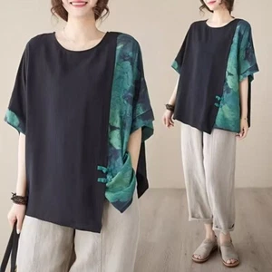 Cotton And Linen Round Neck T-shirt Loose Stitching And Printed Short Sleeves - Picture 1 of 10