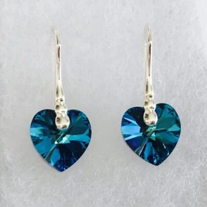 925 Silver Heart Earrings Crystal Bermuda Blue Made With Austrian Crystals - Picture 1 of 10