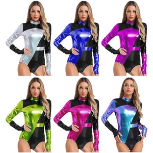 Women Color Block Jumpsuit Shiny Metallic Finish Fashion Club Wear Clubs Teddy - Picture 1 of 87