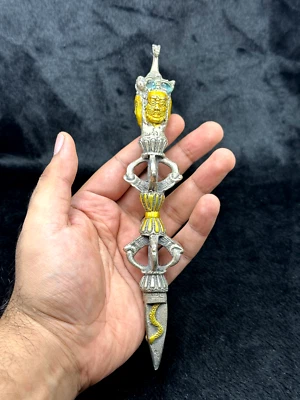 Very Nice Rare Vintage Tibetan Buddhism Silver Amulet Carved Vajra Dorje Phurba - Image 1 of 4