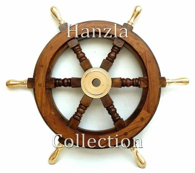 Brass Handle Wall Decorative Item 18" Wooden Ship Steering Wheel Pirate Captains - Image 1 of 4