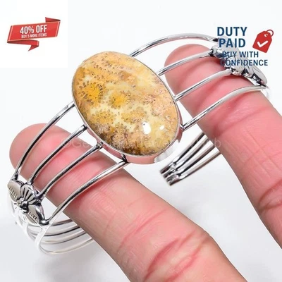 Oferta de Día de Acción de Gracias Fósil Natural Coral Plata Esterlina Canal Conjunto Nuevo Brazalete Foto 1 de 4
