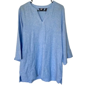 LANDS END NWOT Linen Blend Tunic Top Blue Size Medium Notch V Neck Wide Sleeve - Picture 1 of 5