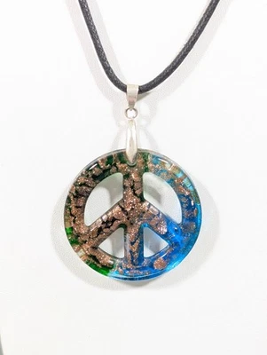 Dichroic Glass Peace Sign Necklace Blue Green Black Cord 20 in - Image 1 of 4