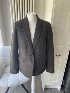 JOULES HORATIA BROWN CHECK TWEED SIZE 14 PINK COLLAR WOOL PARADE JACKET BLAZER - Picture 1 of 24