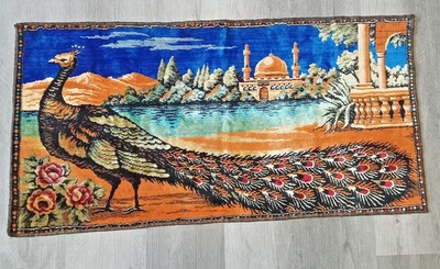 Vintage Peacock Wall Rug Tapestry Hanging Art 39"x19" Made in Lebanon Colorful - Image 1 of 4