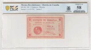 Mexico Rev / Distrito de Cuautla M3184 ND 5 Centavos Series 1 PCGS ChAU 58 - Picture 1 of 2