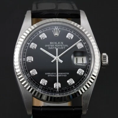 VINTAGE ROLEX DATEJUST 1601 WHITE GOLD& STAINLESS STEEL BLACK DIAMOND DIAL WATCH - image 1 of 4