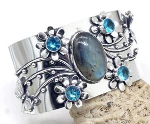 925 Sterling Silver Labradorite & Topaz Gemstone Jewelry Cuff Bracelet Size-ADJ - Picture 1 of 6