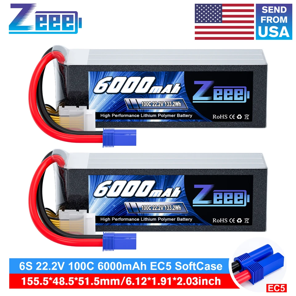 2x Zeee 6S LiPo Battery 6000mAh 22.2V 100C EC5 for RC Plane Drone Jet Car Truck - Image 1 of 4