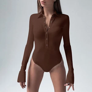 Turn-down Collar Bodysuit Casual Lapel Stylish Women's Summer Playsuit with Long - Picture 1 of 12