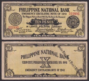 WW2 US Philippines 10 Pesos PNB CEBU C/S SANTA RITA Samar Emergency Note - Picture 1 of 4