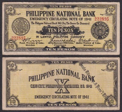 WW2 US Philippines 10 Pesos PNB CEBU C/S  SANTA RITA Samar Emergency Note - Image 1 of 4