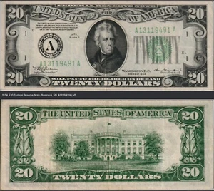 RSM 1934 $20 Federal Reserve Note (Boston/A, SN. A13119491A) VF+ - Picture 1 of 3