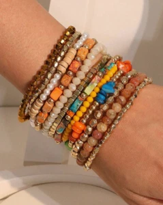 Handmade Beaded Bracelets Set of 2 Stretch Multi Color Wood Resin Stackable - Picture 1 of 6