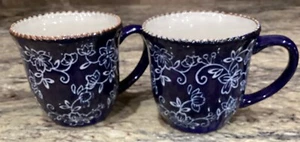 2 TEMPTATIONS BY TARA FLORAL LACE BLUE SCALLOPED W DOTTED RIM CUP/MUGS 3 3/4”T - Picture 1 of 5