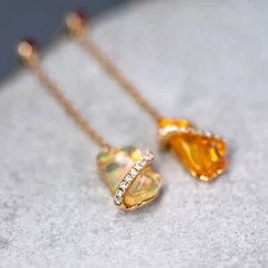 Stunning Mexican Fire Opal Diamond Drop Earrings in 18K Yellow Gold with Ruby - Picture 1 of 8