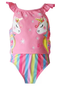 Betsey Johnson Girls’ Swimsuit Pink Rainbow Unicorns Bikini 2-Pc UPF 50 Size 4 - Picture 1 of 4