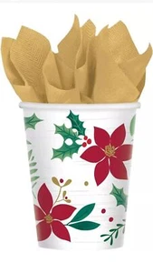 Christmas Wishes Holly Poinsettia Flower Winter Holiday Party 9 oz. Paper Cups - Picture 1 of 3