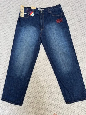 Pantalones de mezclilla azules holgados Indigo 30 para hombre bordados dragón pierna ancha talla 42x34 Foto 1 de 4