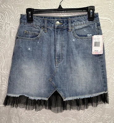 Chelsea & Violet C&V Denim Skirt Black Tulle Trimmed Distressed Punk Frayed Med - Image 1 of 4