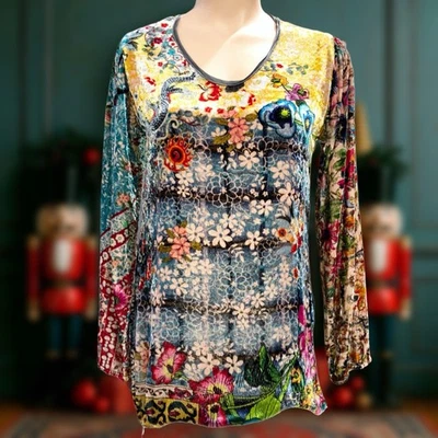 Johnny Was Boho Floral Terciopelo Bohemio Túnica Manga Larga Top Amarillo Azul XS Foto 1 de 4