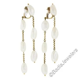 Large 18k Yellow Gold Large Baroque Pearls Rolo Chain Dangle Clip On Earrings - Picture 1 of 5