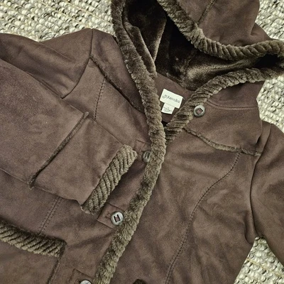 St. Johns Bay Coat Womens 1X Brown Vegan Faux Suede Fur Hooded Coat Penny Lane  - Image 1 of 4