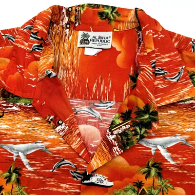 Aloha Republic Men's Hawaiian Orange L Woody Dolphins Whales Short Sleeve Aloha - Image 1 of 4