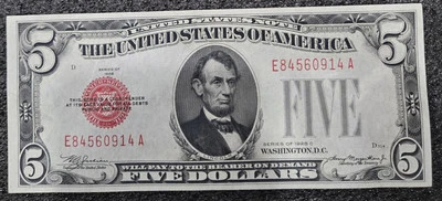 1928C nota de US$ 5 dólar concurso legal nota selo vermelho alta qualidade CRISP sem dobra  - Imagem 1 de 4