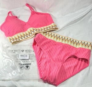 Teen Girl's Aztec Pattern Ribbed 2pc Bikini Swimsuit - Pink - Sz 15/16 Years Old - Picture 1 of 4