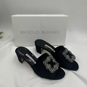 Manolo Blahnik Martanew 50MM Jeweled Black Embellished Satin Mules size 39 - Picture 1 of 22