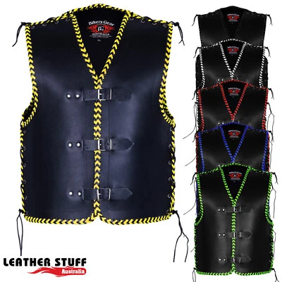 MENS MOTORCYCLE MOTORBIKE CRUISER CLUB BUCKLE VEST 3MM THICK COWHIDE LEATHER NZ - Image 1 of 4