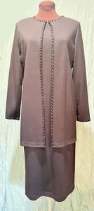 Vintage Lennie For Nina Leonard 2 pc Dress & Jacket Chocolate w/Black Trim~Small - Picture 1 of 20