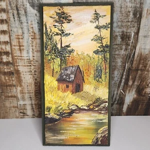Pintura al óleo sobre tabla de madera arte paisajístico 9" vintage Country Cabin Forest Creek - Imagen 1 de 8