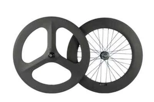 700C Fixed Gear Carbon Wheelset Front 3 Spoke+Rear 88mm Track Bicycle Wheel - Picture 1 of 16