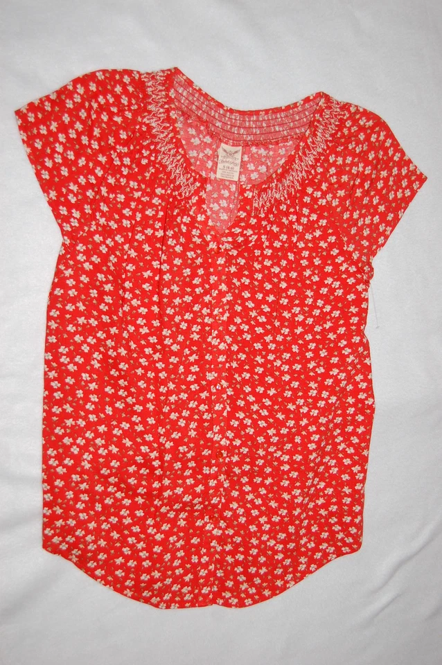 Womens Blouse ORANGE w/ SM WHITE FLOWERS Smocked BUTTON UP Peasant Shirt S 4-6 - Image 1 of 1