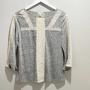 SUNDANCE CATALOG Women’s Gray Linen Crochet Lace Detail JUSTINE Tee Sz Petite S - Picture 1 of 6