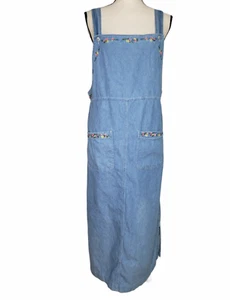 Vintage Capacity Bib Dress Medium Pockets Embroidery Blue Denim Side Split - Picture 1 of 6
