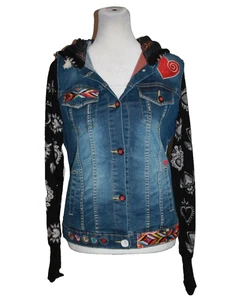 Ay Guey Embroidered Wearable Art Denim Jacket Hoodie Mexican Unique Boho SIze M - Picture 1 of 3