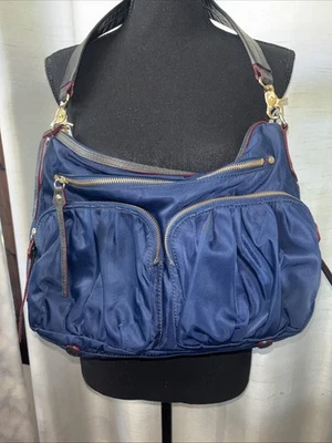 Bolso de Hombro MZ Wallace Elegante Oficina Azul Marino Nylon Cuero Rojo Forro para Mujer Foto 1 de 4