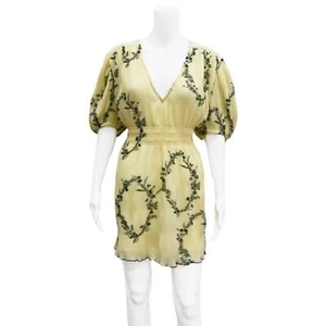 Ganni Mini Dress Size EU 36 US 4 Yellow Black Puff Sleeve Pleated Sheer Pockets - Picture 1 of 2