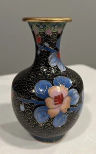 Vintage Hand Crafted Cloisonne Vase, Blue Enamel with Floral Design Brass - Picture 1 of 12