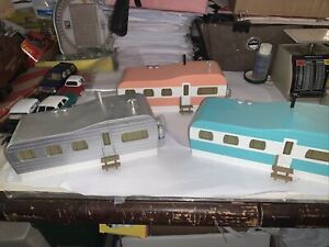 Rail King MTH 3 Mobile Home Buildings Silver Salmon Turquoise W/White Lighted!