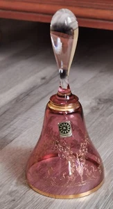 Vintage Tischglocke Bohemia Rosa, Goldverzierung , Farbglas mit Etikett - Bild 1 von 9