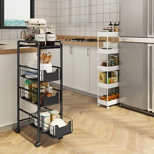 4-Tier Metal Kitchen Slim Utility Cart Trolley Storage Shelf + Slide-Out Drawers - Picture 1 of 11