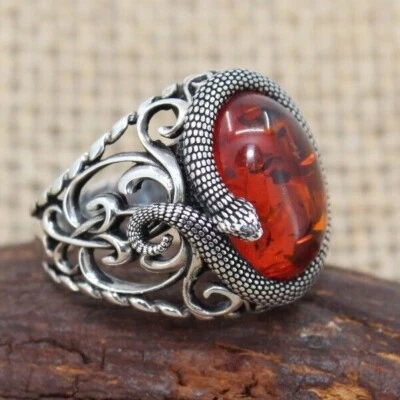 Anillo para hombre Ouroboros diseño serpiente miel ámbar piedra sólida 925 Foto 1 de 4